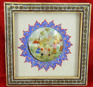 Antique Persian Painting On Mother Of Pearl Shell In A Sadeli Mosiac Frame photo
