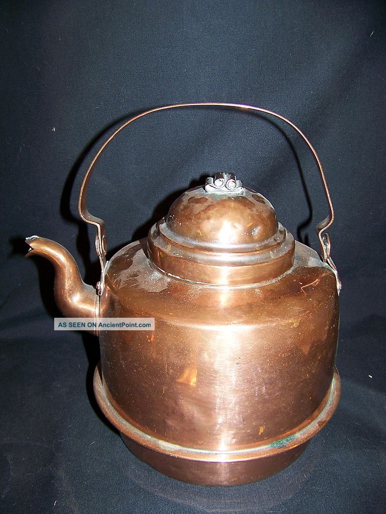 Antique Copper Gooseneck Tea Kettle With Ribbon Finial Metalware photo