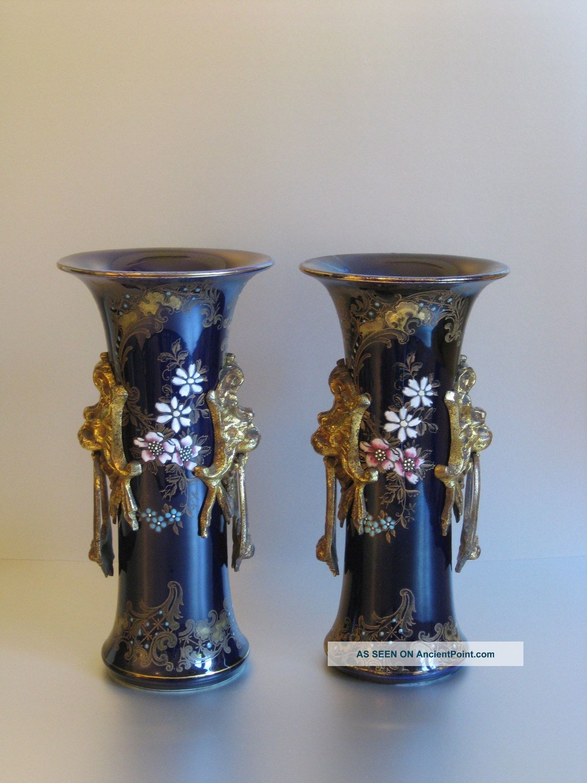 Antique 1880 - 1920 Bfk Boch Keramis Pair Gilded Porcelain Sevres Style Vases Figurines photo