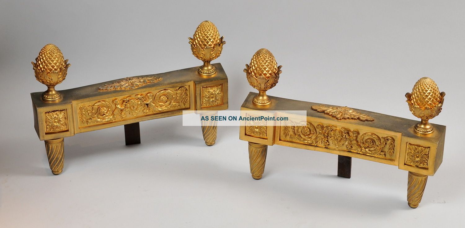 C.  1840 Antique Empire Dore Gilt Bronze Fireplace Chenet Andirons Firedogs Metalware photo