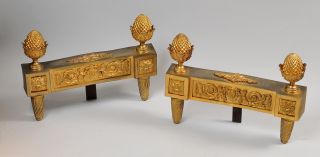 C.  1840 Antique Empire Dore Gilt Bronze Fireplace Chenet Andirons Firedogs photo