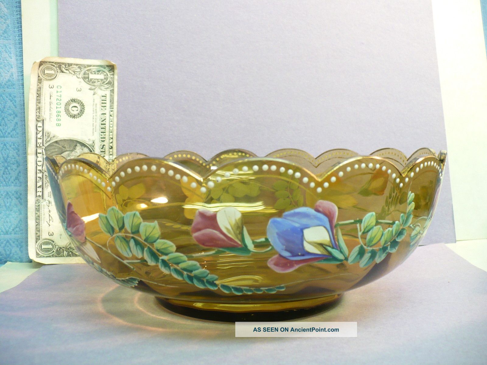 Elegant 9” Amber Glass 19th Cent.  Bowl,  Scalloped Rim,  Lovely Painted Sweet Peas Bowls photo