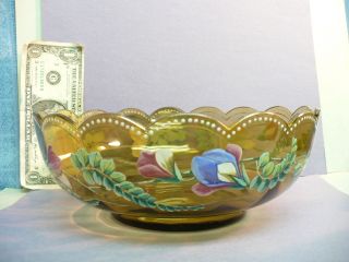 Elegant 9” Amber Glass 19th Cent.  Bowl,  Scalloped Rim,  Lovely Painted Sweet Peas photo