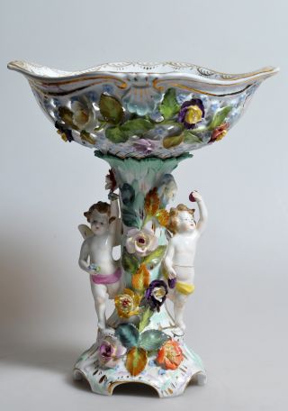 Antique 11” Figural Tazza Fruit Vase Centerpiece Dresden Porcelain 1920 Putties photo