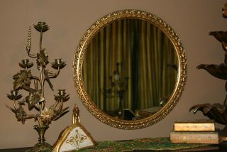 Vintage Large Italian Florentine Gold Gilt Wood Round Tole Glam Carved Mirror photo