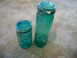 Vintage Green Glass Storage Canister Metal Hinge Lid Rubber Seal Set Of 2 photo