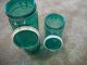 Vintage Green Glass Storage Canister Metal Hinge Lid Rubber Seal Set Of 2 Bottles photo 1