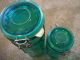 Vintage Green Glass Storage Canister Metal Hinge Lid Rubber Seal Set Of 2 Bottles photo 2