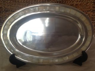 Pewter Oval Tray With Mother - Of - Pearl Inlay From India On Stand. photo