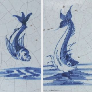 17thc Dutch Delft Tiles Tegels (¯` •.  ¸ 2 Fish photo