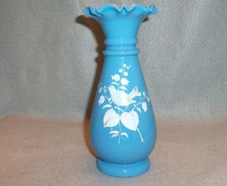 Victorian Blue Milk Glass Hand Painted Vase photo