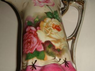 Vintage Germany Ceramic China Teapot Gold Pink Yellow Roses Pink Cancer Pitcher photo