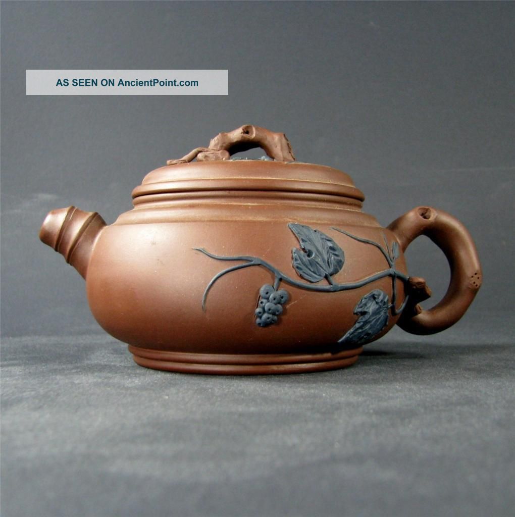 Signed Chinese Yixing Zisha Teapot W/ Applied Bamboo,  Grape Vines & Squirrels Teapots photo