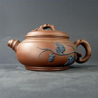 Signed Chinese Yixing Zisha Teapot W/ Applied Bamboo,  Grape Vines & Squirrels photo