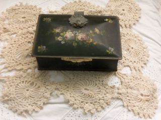 Shabby Vintage Tole Toleware Box Silent Butler Style Chippy Green Pink Rose Chic photo