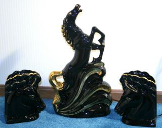 Vintage Rare 3 Piece Set Black 22 Kt.  Gold Horse Tv Lamp Two Head Vase Pearl Co photo