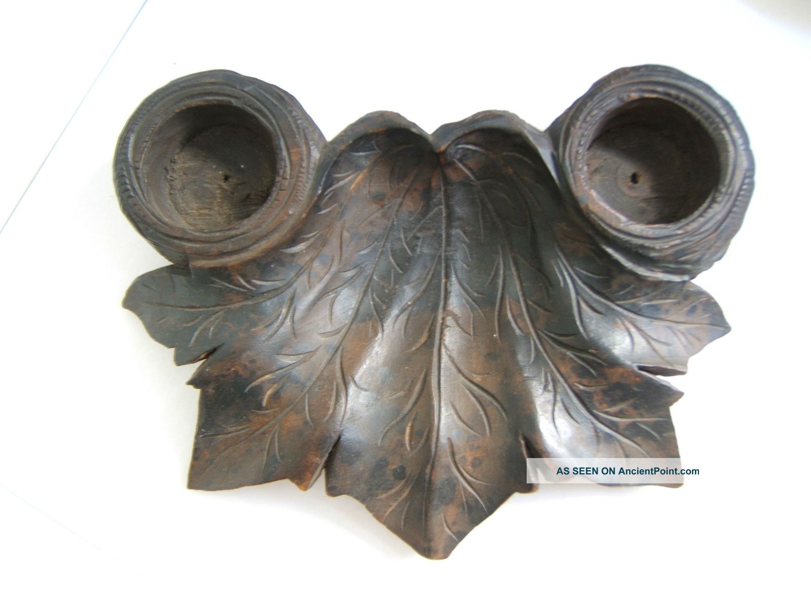 Antique Inkwell Hand Carved Leaf Double Ink Well Black Forest Finish Carved Figures photo