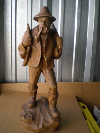 Antique Oversize Hand Carved Statuary.  Mountain Man With Pipe / Wood / Sharp photo