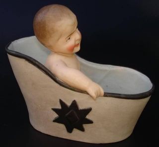Antique 19 Century German Porcelain Figurine Bathing Baby photo