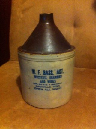 Antique Jug Stoneware Pottery Old Vintage Moonshine Whiskey W.  F.  Bass,  Agt. photo