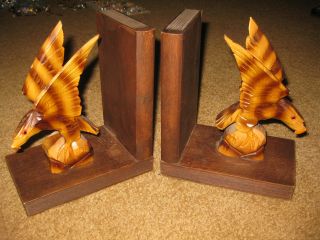 Vintage Folk Art Carved Wood Eagle Bookends With Glass Amber Eyes photo