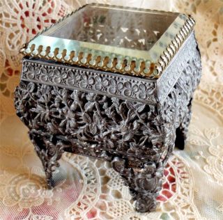 Victorian Spelter,  Filigree Beveled Glass Hinged Footed Trinket Box,  Casket photo