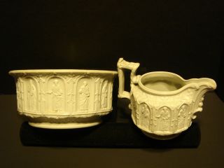 Charles Meigh 1843 Gothic Relief Bowl And Small Pitcher Set photo