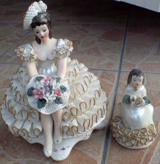 Art Deco Handmade Handcrafted Porcelain China Lace Bride Bridesmaid Figurine Set photo
