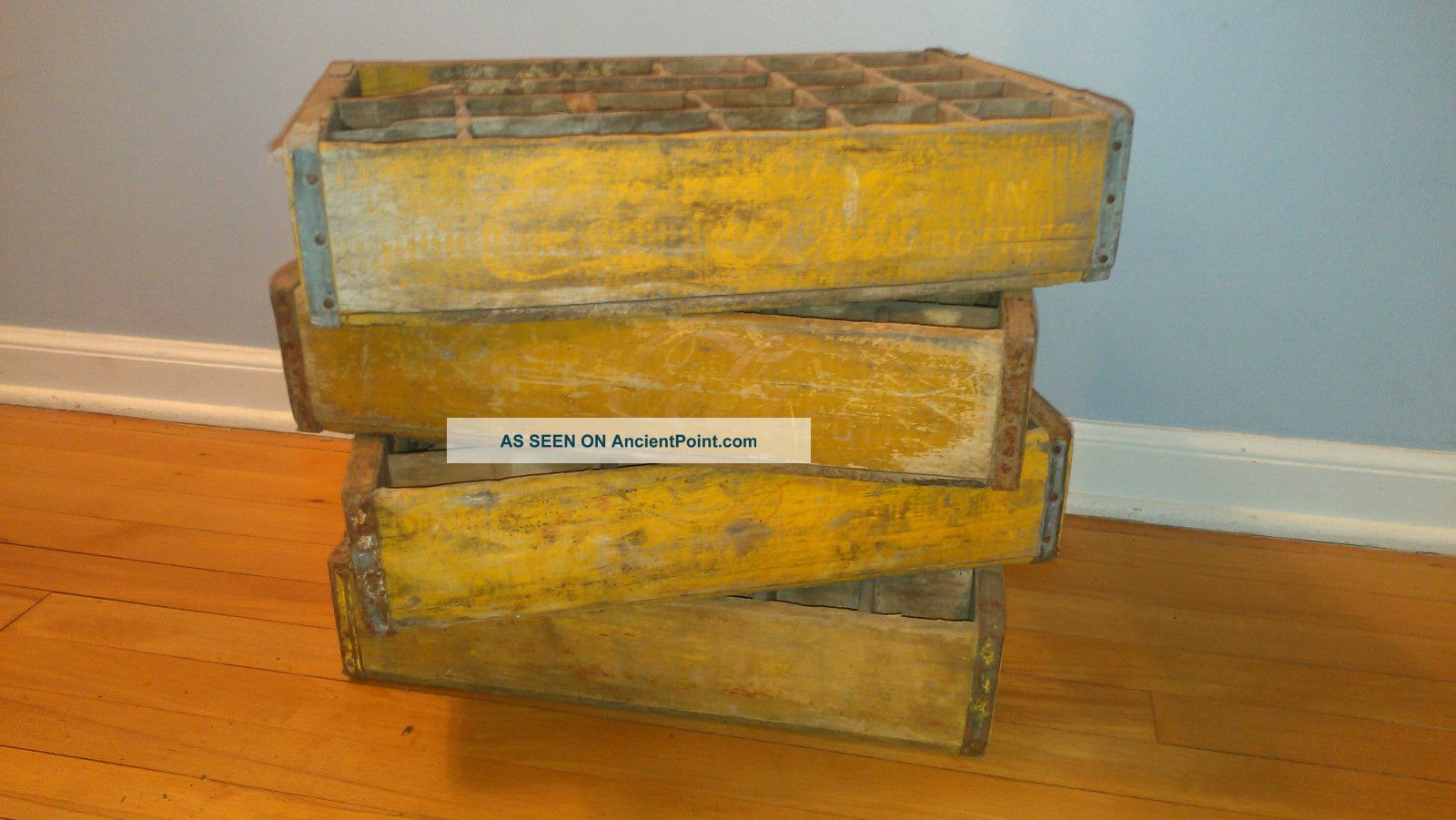 4 Yellow Shabby Yard Art Coke Coca Cola Wood Wooden Soda Pop Crate Crates Case Boxes photo