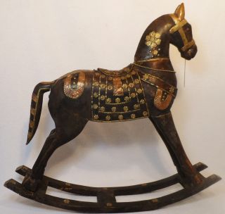 Large Antique Wood Carved Rocking Horse Copper & Tin Decorated Primitive Art Vtg photo