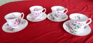 Golden Crown E & R Bone China England Set 4 Cups & 4 Saucers Pink Flowers photo