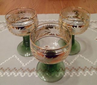 3 German Roemer Wine Glasses - Etched,  Gold Trim,  Green Ring Base - Altötting photo