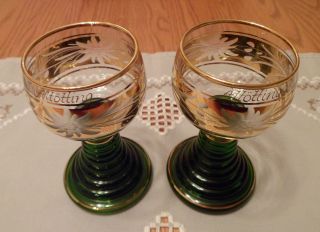 2 German Roemer Wine Glasses - Etched,  Gold Trim,  Green Ring Base - Altötting photo