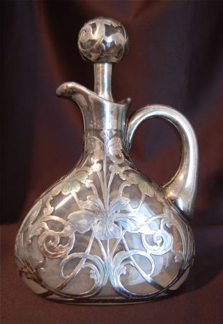 Elaborate Sterling Silver Sinewy Overlay On Antique Glass Pitcher & Stopper photo