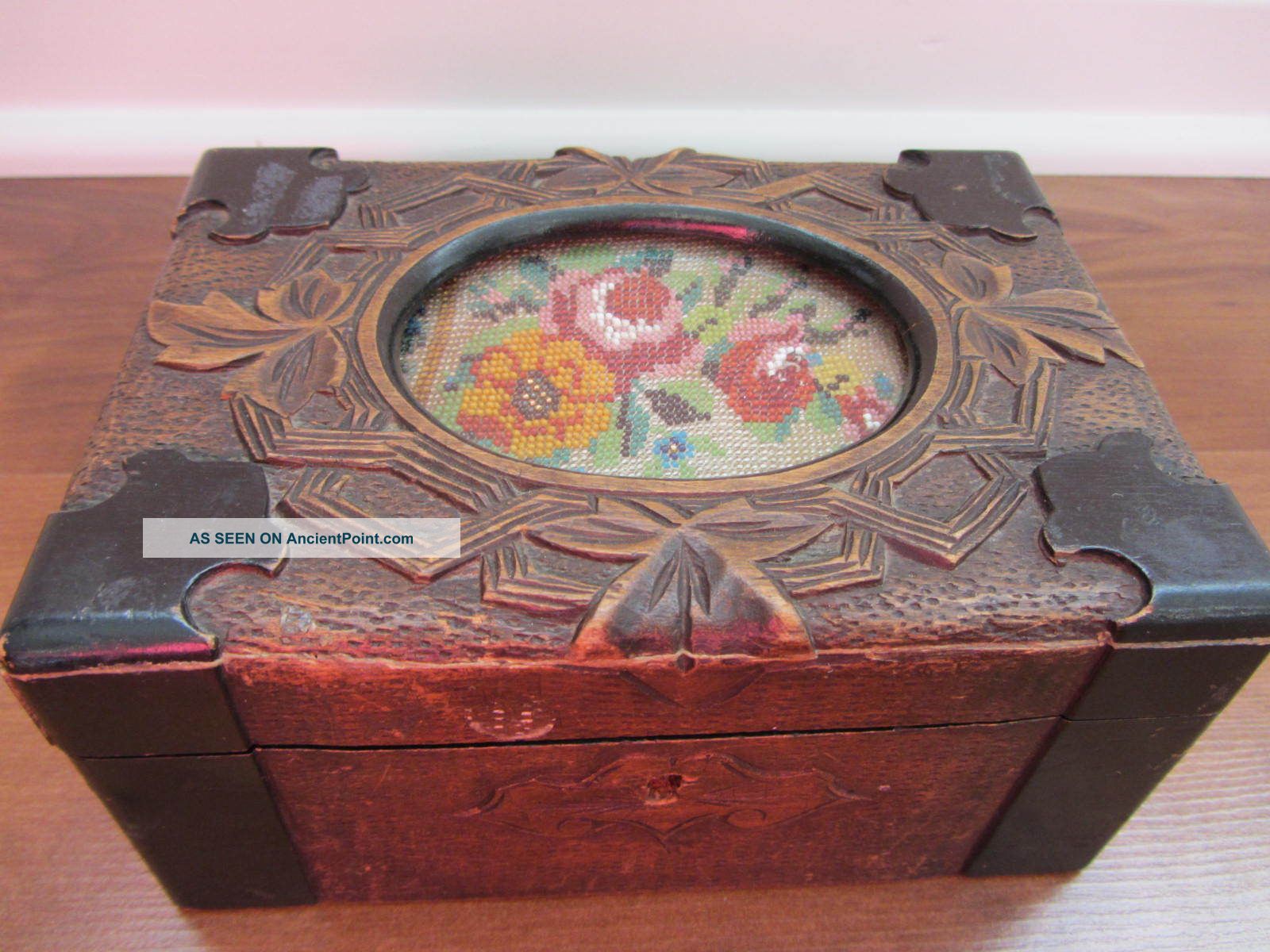 Antique Decorative Carved Wood Jewelry Box With Floral Beads Tapestry Art Work Boxes photo