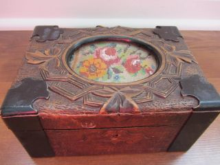 Antique Decorative Carved Wood Jewelry Box With Floral Beads Tapestry Art Work photo
