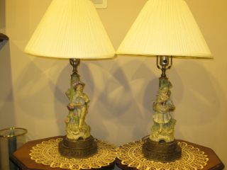 Pair Of Antique Victorian Figurine Porcelain With 2 Tier Metal Base Table Lamps photo