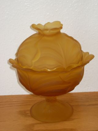 Vintage Frosted Floral Amber Glass Lidded Compote/bowl/candy Dish photo