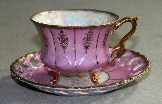 Vintage Royal Sealy Porcelain China 3 - Footed Pink Cup & Reticulated Saucer Japan photo