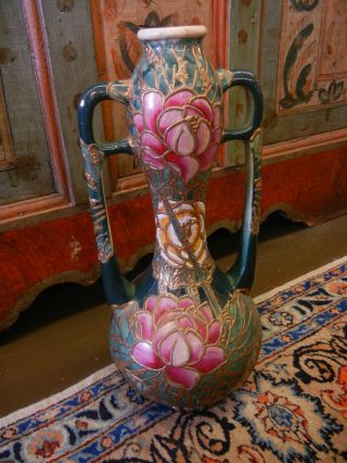 Antique Bohemian Vase With Gorgeous Floral Decoration 18.  5 
