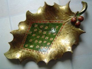Vintage Italy Florentine Wood Toleware Large Decorative Leaf - Gold Green photo
