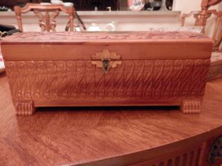 Cedar Box Carved Top And Front Scene On Domed Top Footed & Wooden Handles photo