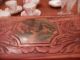 Cedar Box Carved Top And Front Scene On Domed Top Footed & Wooden Handles Boxes photo 1