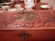Cedar Box Carved Top And Front Scene On Domed Top Footed & Wooden Handles Boxes photo 4