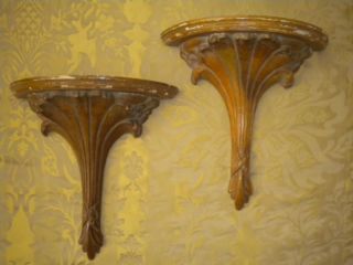 Pair Hand Carved Wood Sconces Vtg Distressed 10 