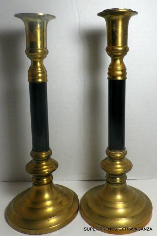 Pair Of Old Brass And Black Enamel Candlesticks photo