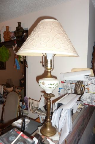 Antique Table Lamp Brass Hand Painted Flowered White Glass photo