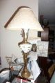 Antique Table Lamp Brass Hand Painted Flowered White Glass Lamps photo 1