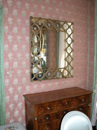 Venetian Murano Glass Wall Mirror W/ Amber Glass Flowers,  Art Deco Styling photo