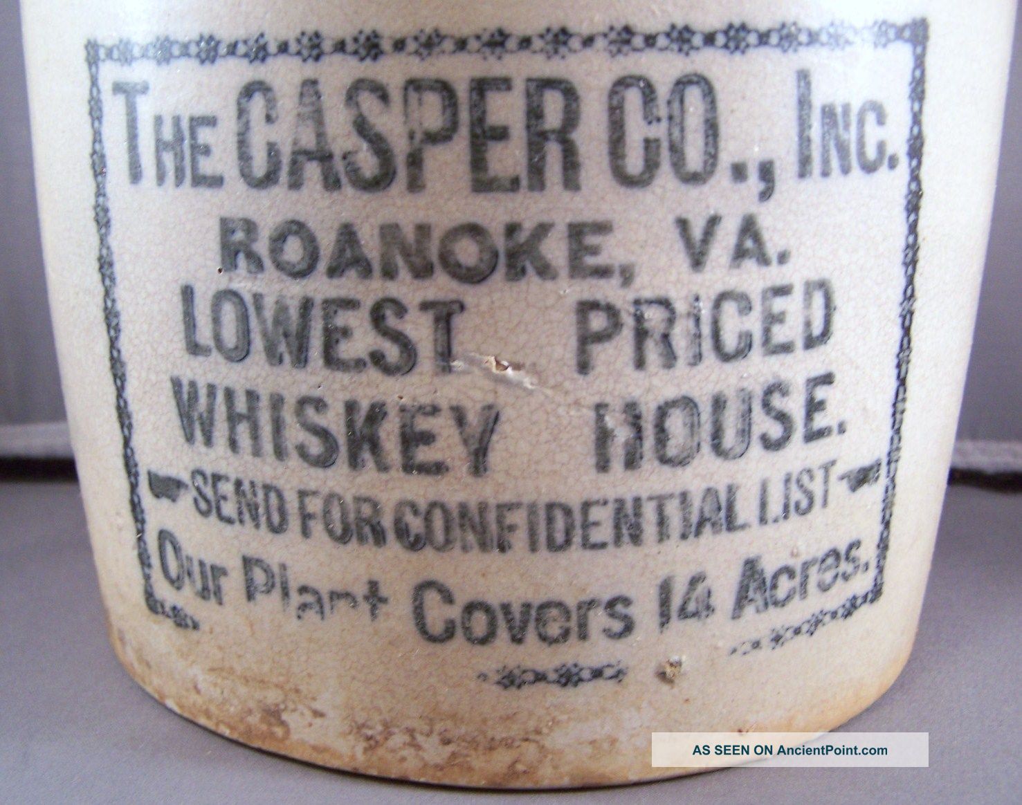 The Casper Co.  1 Gallon Virginia Whiskey Liquor Crock Jug - Roanoke,  Va Jugs photo